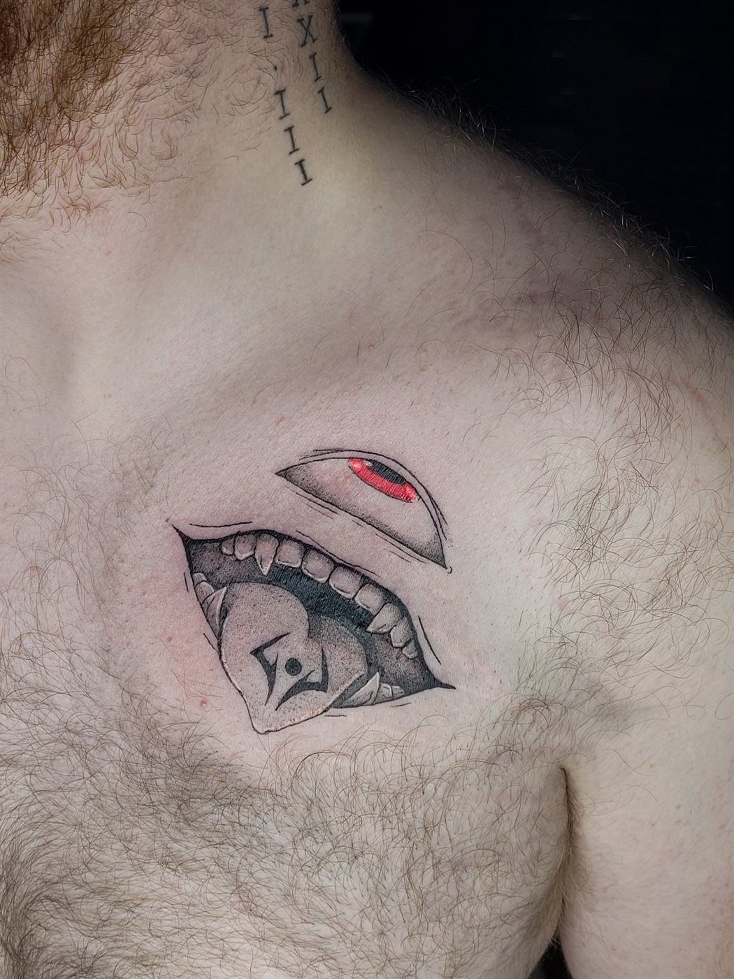 SUKUNA MOUTH tattoo — anime, chest — by Kayleigh Chaos, tattoo artist in Perth, Scotland