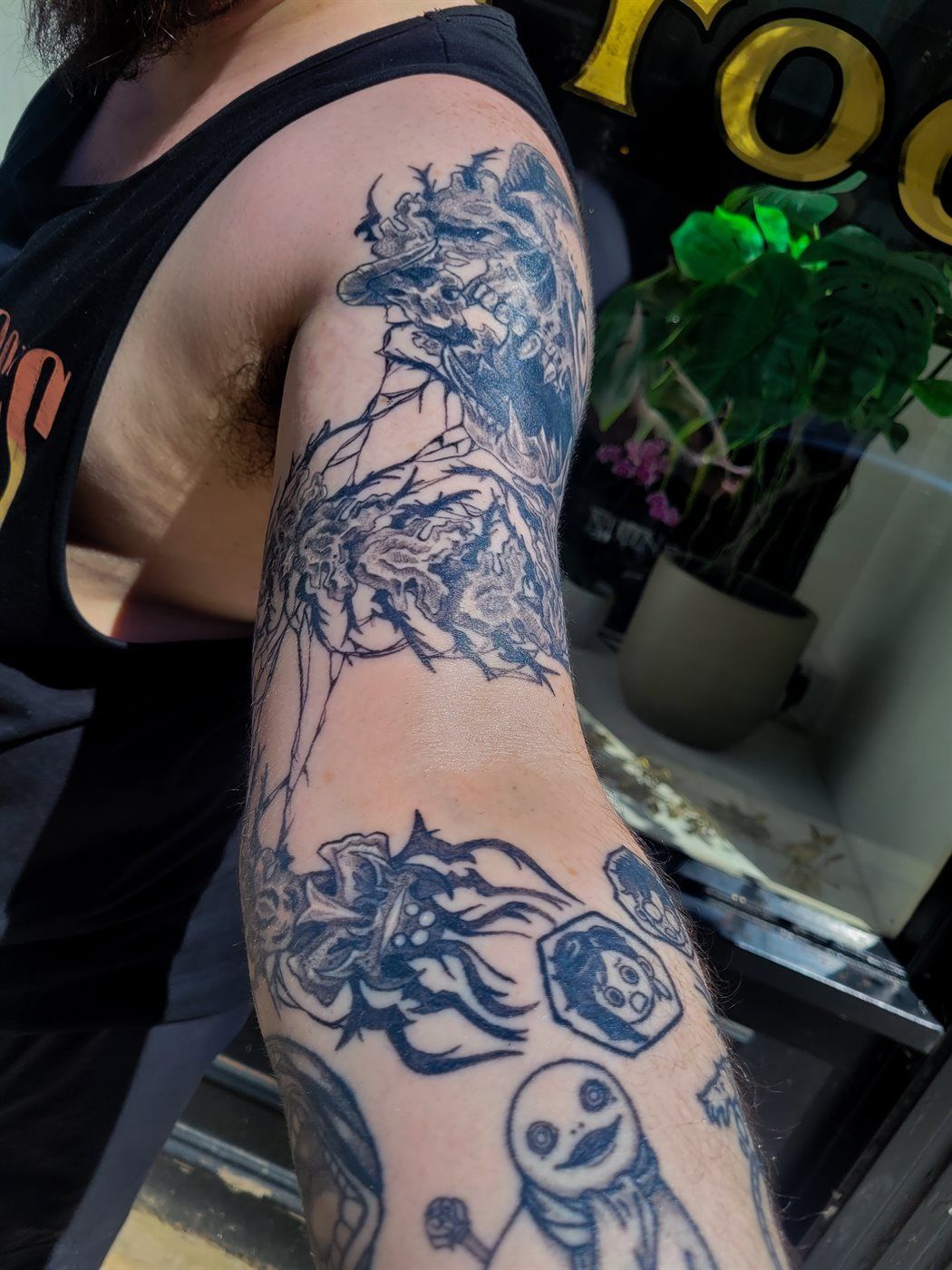 DEMON SKULL SLEEVE — FULL ARM tattoo — horror, full arm — by Kayleigh Chaos, tattoo artist in Perth, Scotland